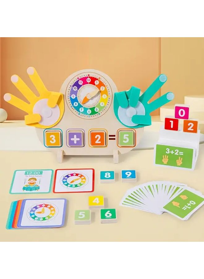 ساعة خشبية وعد الأصابع لعبة تعليمية 2 في 1 مع بطاقات الرياضيات والوقت للأطفال من 3 إلى 6 سنوات - Image 1